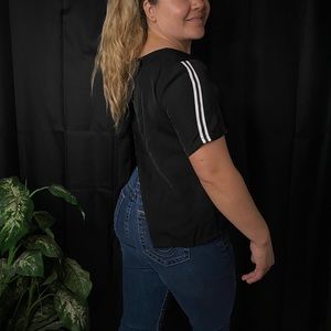 Open back black short sleeve with white stripes